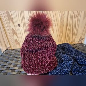 Winter Knit Beanie with Pom and Infinity Scarf Set